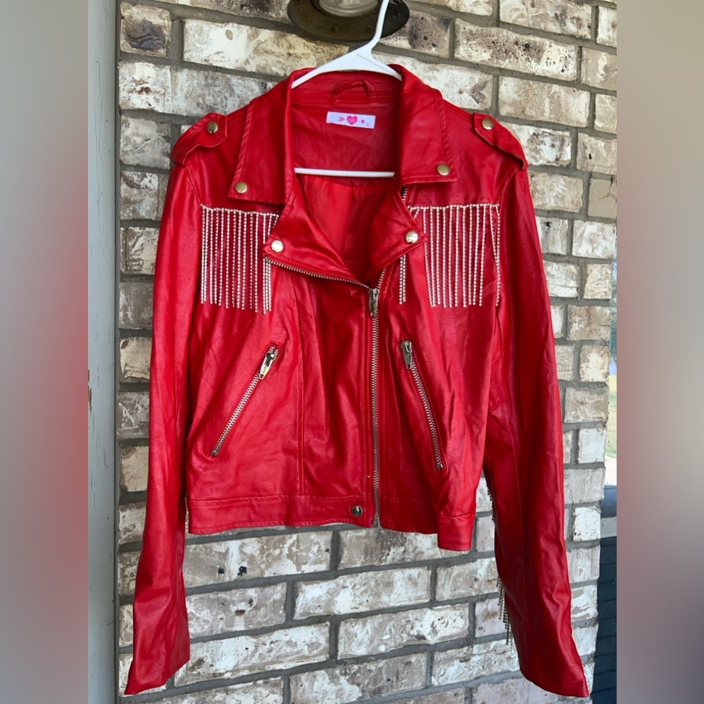 BuddyLove Red Leather Bedazzled Jacket…Size Large… Never Worn. No tags.